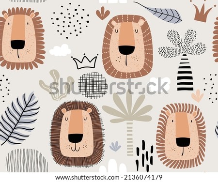 Seamless pattern with cute cartoon lion.