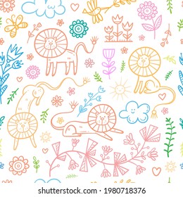 Seamless pattern with cute cartoon lions on white background. Funny animals wallpaper. Doodle herbs and flowers print.