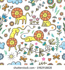 Seamless pattern with cute cartoon lions on white background. Funny animals wallpaper. Doodle herbs and flowers print.