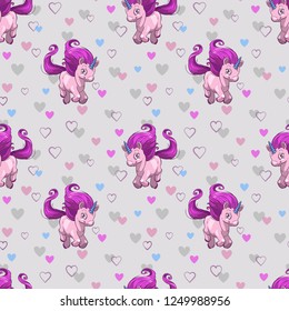 Seamless pattern with cute cartoon little unicorn. Adorable girlish texture with funny pony. Vector childish background with horses and hearts.