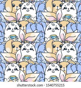 Seamless pattern with cute cartoon little rabbits. Vector endless ornament.