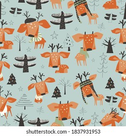 Seamless pattern with cute cartoon little deers in the forest