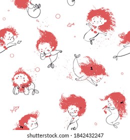 seamless pattern with cute cartoon little mermaid