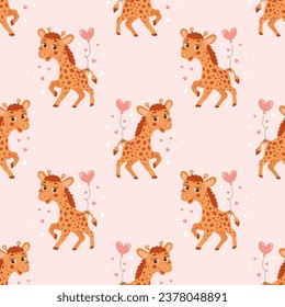 Seamless pattern, cute cartoon little giraffe with balloon and hearts. Children's print, background, textile. Vector