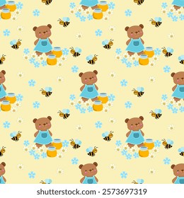 Seamless pattern of cute cartoon little bear  and bees with fun and playful design for children