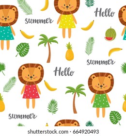 Seamless pattern with cute cartoon little lion. Children background. Cartoon baby animals. Design for textile, fabric or decor. Vector illustration
