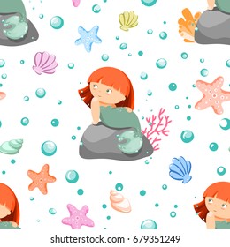 seamless pattern with cute cartoon little mermaids. children's vector illustration. Siren. Sea theme.