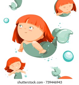 seamless pattern with cute cartoon little mermaids. children's vector illustration. Siren. Sea theme.