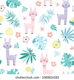 Seamless pattern with cute cartoon llama and exotic flowers and plants. Vector illustration.