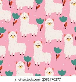 seamless pattern cute cartoon llama an flower. cute animal drawing for wallpaper, pattern, background