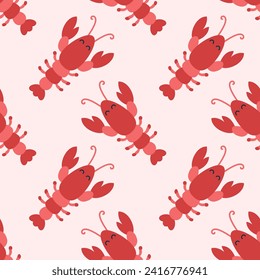 Seamless pattern with cute cartoon lobster on a pink background. 