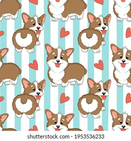 Seamless pattern with cute cartoon lovely corgi dogs and hearts.Vector illustration.