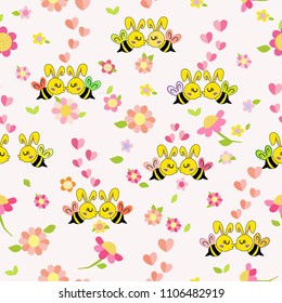 Seamless pattern cute cartoon a lovers a couples bees are kissing, with hearts and flower component.