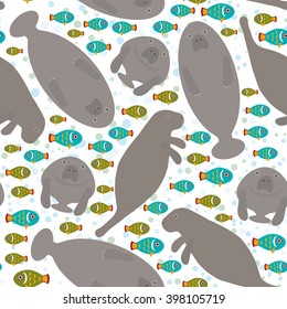 Seamless pattern Cute cartoon manatee and fish on white background. Vector