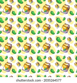 Seamless pattern cute cartoon mango with milk