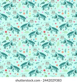 Seamless pattern with cute cartoon mantises on a green background. Vector