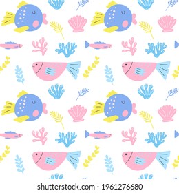 Seamless pattern with cute cartoon marine life - fish and algae. Vector graphics, pastel colors on white background. For decorating notebooks, packaging, posters, postcards, wallpaper, wrapping paper
