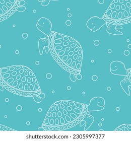 Patrón sin foco con una tierna tortuga marina. Fondo infinito con contorno de tortugas marinas. Vector. 