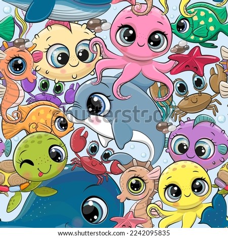 Seamless pattern with Cute Cartoon Marine Animals