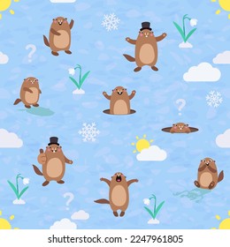 Seamless pattern with cute cartoon marmot and Happy Groundhog Day design elements on blue background. Flat vector illustration. For print, fabric, wrapping paper, wallpaper, poster and other design 