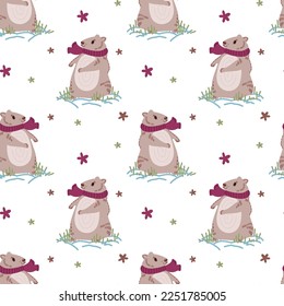 Seamless pattern with cute cartoon marmot and Happy Groundhog Day design elements on blue background. Flat vector illustration. For print, fabric, wrapping paper, wallpaper, poster and other design