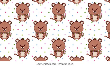 Seamless pattern with cute cartoon marmot. Vector illustration in flat style.