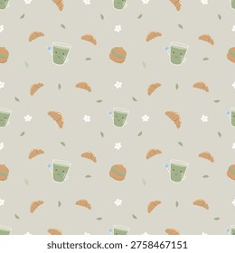 Seamless pattern with cute cartoon matcha green tea cups, croissants, and small flowers, cafe theme on  background, Scandinavian vector illustration
