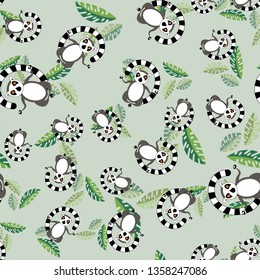 seamless pattern with cute Cartoon meditating lemur.