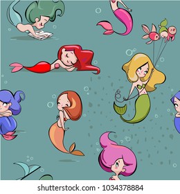 seamless pattern with cute cartoon mermaids