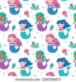 Seamless pattern with cute cartoon mermaids, children's vector pattern in flat style.