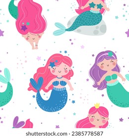 Seamless pattern with cute cartoon mermaids, children's vector pattern in flat style.