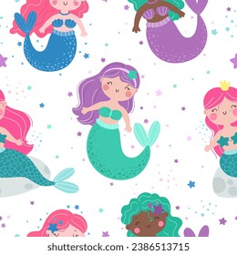 Seamless pattern with cute cartoon mermaids, children's vector pattern in flat style.