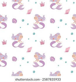 Seamless pattern with cute cartoon mermaids and sea shells. Vector for printing on children's products. 