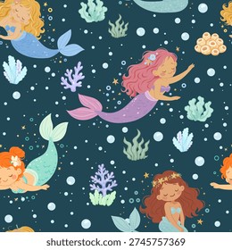 Seamless pattern with cute cartoon mermaids, children's vector pattern in flat style.