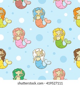 Seamless  pattern with cute cartoon mermaids on  blue background. Underwater life. Children's illustration. Vector image.