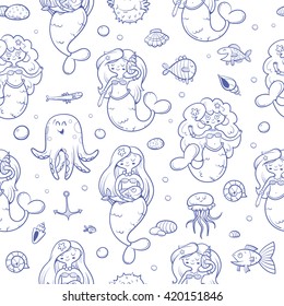 Seamless  pattern with cute cartoon mermaids octopus, jellyfish, fish and seashells  on blue  background. Underwater life. Children's illustration. Vector image.