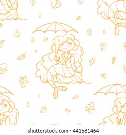 Seamless pattern with cute cartoon mermaids under umbrellas on white background. Autumn season and  leaves fall. Children's illustration. Beautiful girls. Vector contour image.