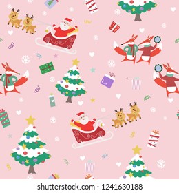 seamless pattern cute cartoon merry christmas on pink blackground, santa claus with raindeer,gift box,christmas tree,heart,snow flake and couple fox dancing,illustration vector comic art.