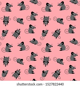 Seamless pattern with cute cartoon mice. Symbol of the New year 2020. Funny rats isolated on pink background. Flat vector illustartion.