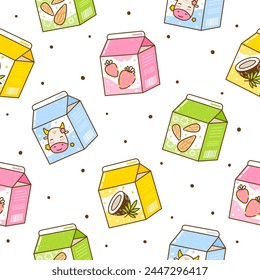 Seamless pattern with cute cartoon milk drinks on white background - cow, almond, coconut milk and yoghurts