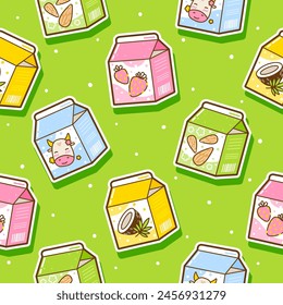 Seamless pattern with cute cartoon milk drinks stickers on green background - cow, almond, coconut milk and yoghurts