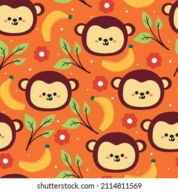 Seamless Pattern Cute Cartoon Monkey And Banana. For Kids Wallpaper, Fabric Print, Gift Wrapping Paper