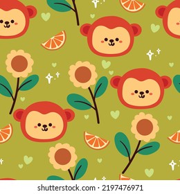 Seamless Pattern Cute Cartoon Monkey, Flower And Orange. Cute Wallpaper For Textile, Fabric Print