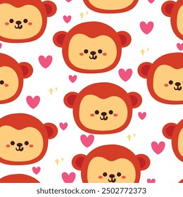 seamless pattern cute cartoon monkey and pink heart. cute wallpaper for textile, fabric print