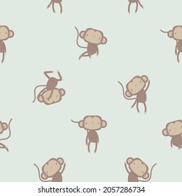 Seamless pattern with cute cartoon monkeys. Funny animal wildlife character. Vector illustration background.