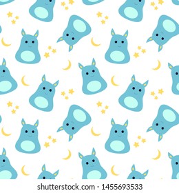 Seamless pattern with cute cartoon monster and stars and moon. Modern flat design. Art can be used for children illustration, childish print. 