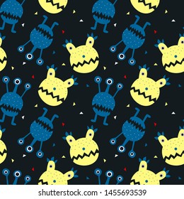 Seamless pattern with cute cartoon monster and stars and moon. Modern flat design. Art can be used for children illustration, childish print. 