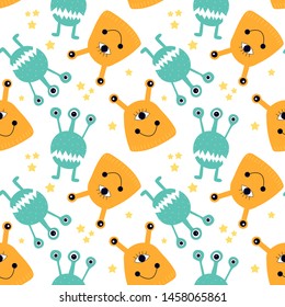 Seamless pattern with cute cartoon monster and stars and moon. Modern flat design. Art can be used for children illustration, childish print. 