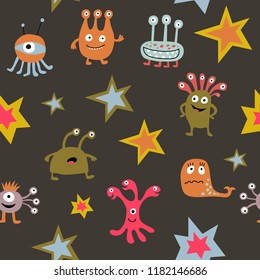 Seamless pattern with a cute cartoon monsters on a dark background