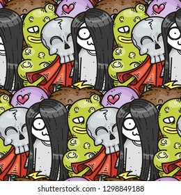 Seamless pattern with cute cartoon monsters. Ready for packaging, wrapping paper, prints, wallpaper, fabric, textile, fashion, home decor, etc. Vector illustration